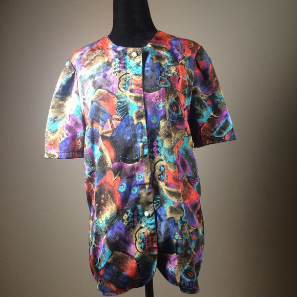 Shiny button up small vintage multicolour blouse - Picture 1 of 6